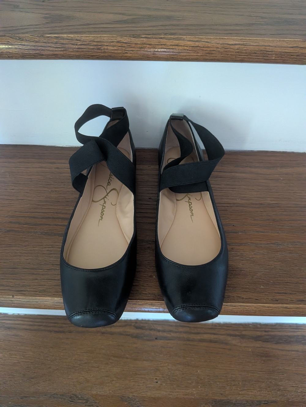 Brand New. Size 9. Madalaye Leather Square-toe Black Cross-Strap Ballet Flats.